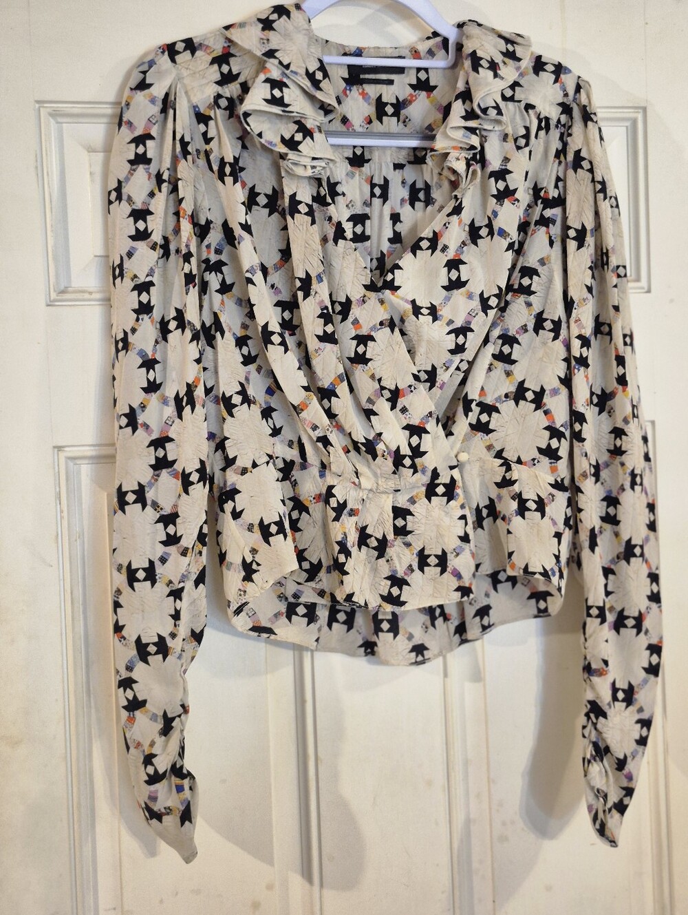 Isabel Marant Blinea Wrap Effect Silk Blouse Ecru Kaleidoscope Print Size 40